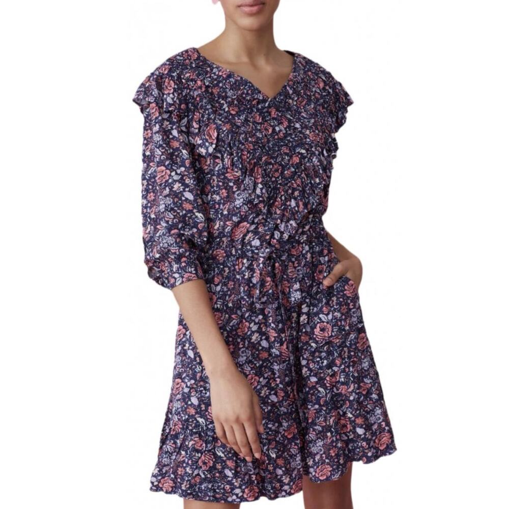 La Vie Rebecca Taylor Toile Flower Block Print Ruffle Trim Mini Dress S - Picture 2 of 10